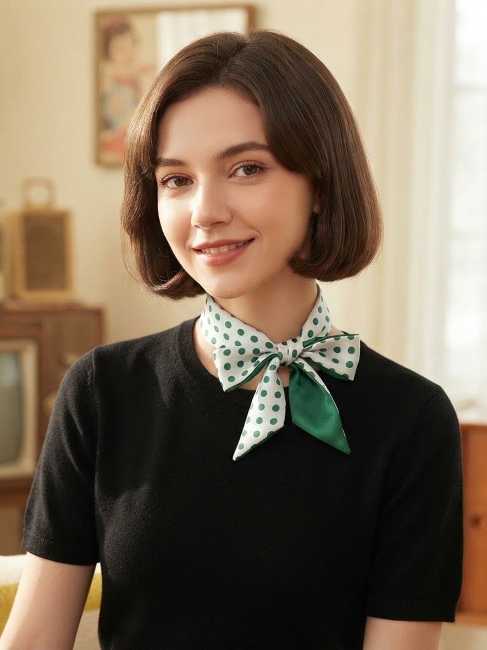Green White Polka Dot Skinny Scarf Reversible Retro Neck‎ Tie Hair Ribbon 33in